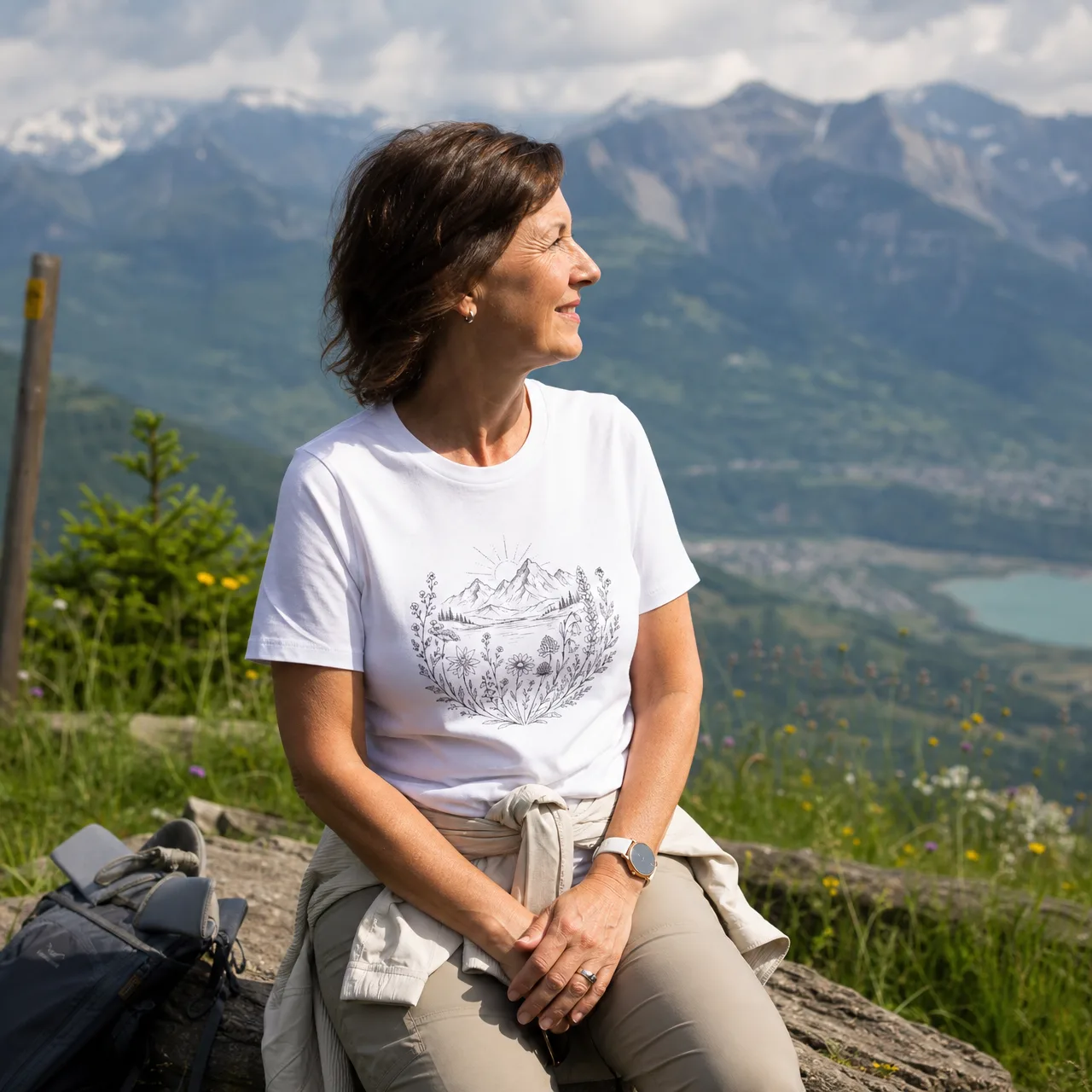 Sunset over an Alpine Lake, Swiss Mountain Tee, worn