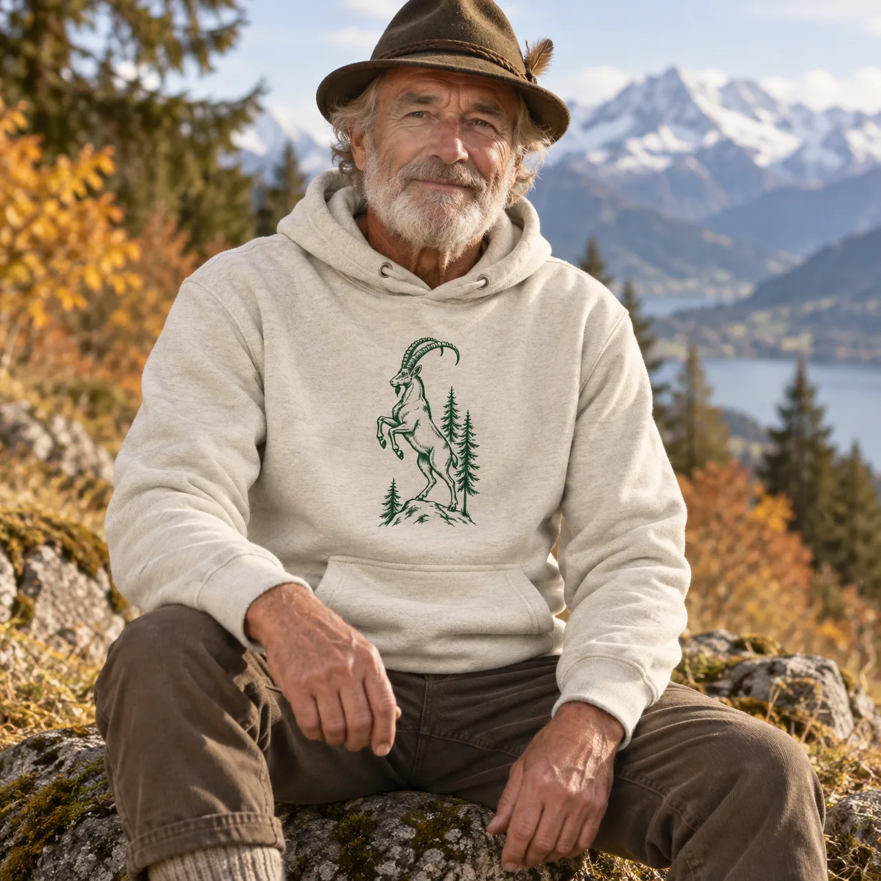 Alpensteinbock im Wald, Alpentier-Hoodie, getragen