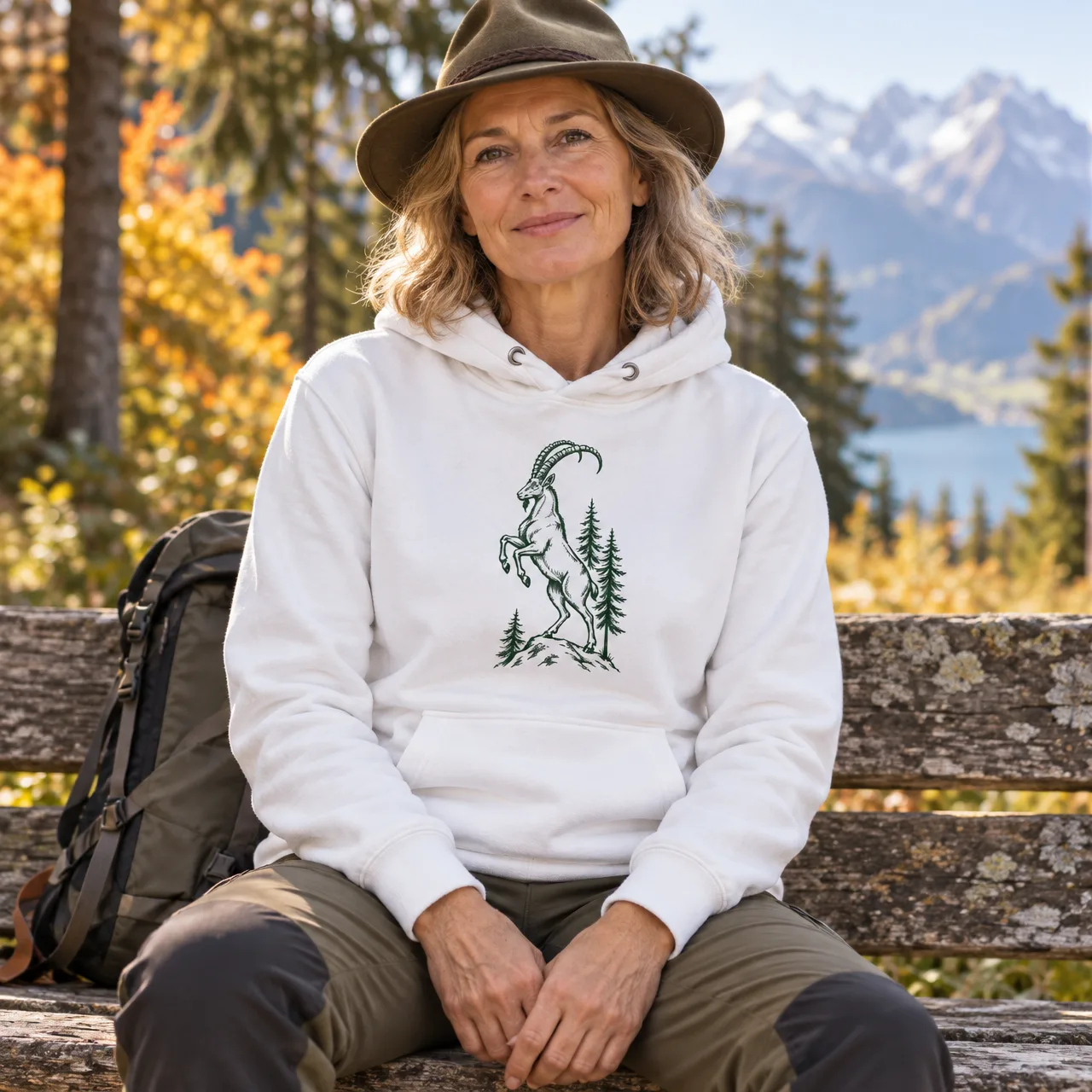 Alpensteinbock im Wald, Alpentier-Hoodie, getragen