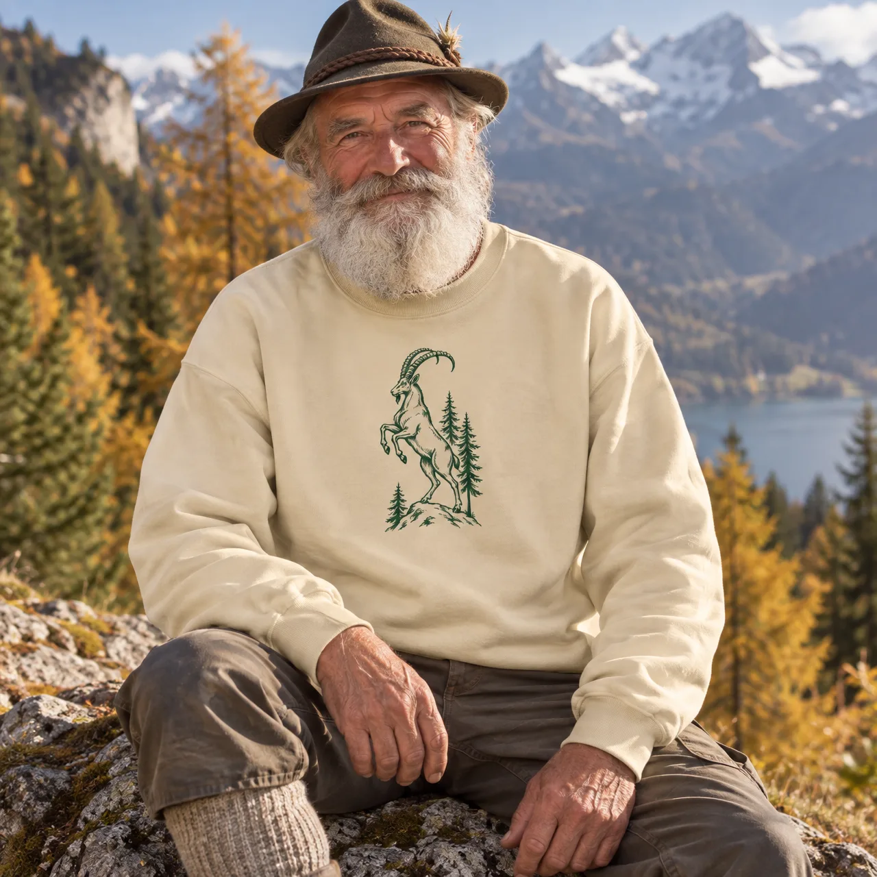 Alpensteinbock im Wald, Alpentier-Sweatshirt, getragen