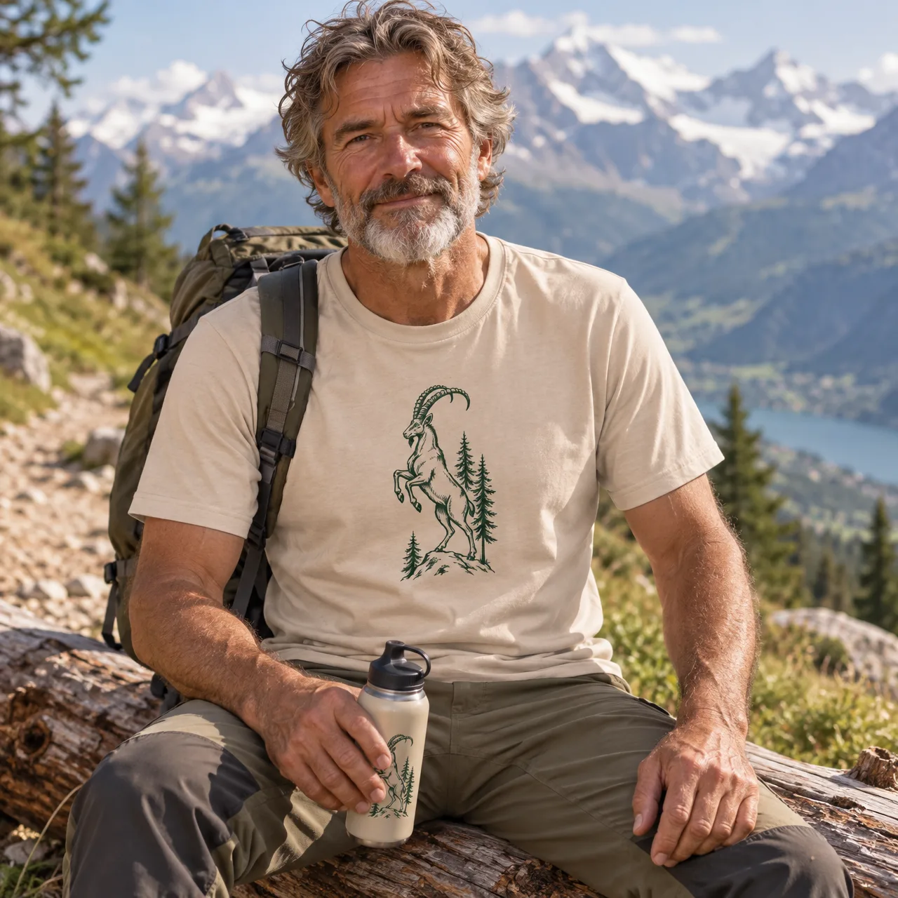 Steinbock im Wald, Alpentier-T-Shirt, getragen