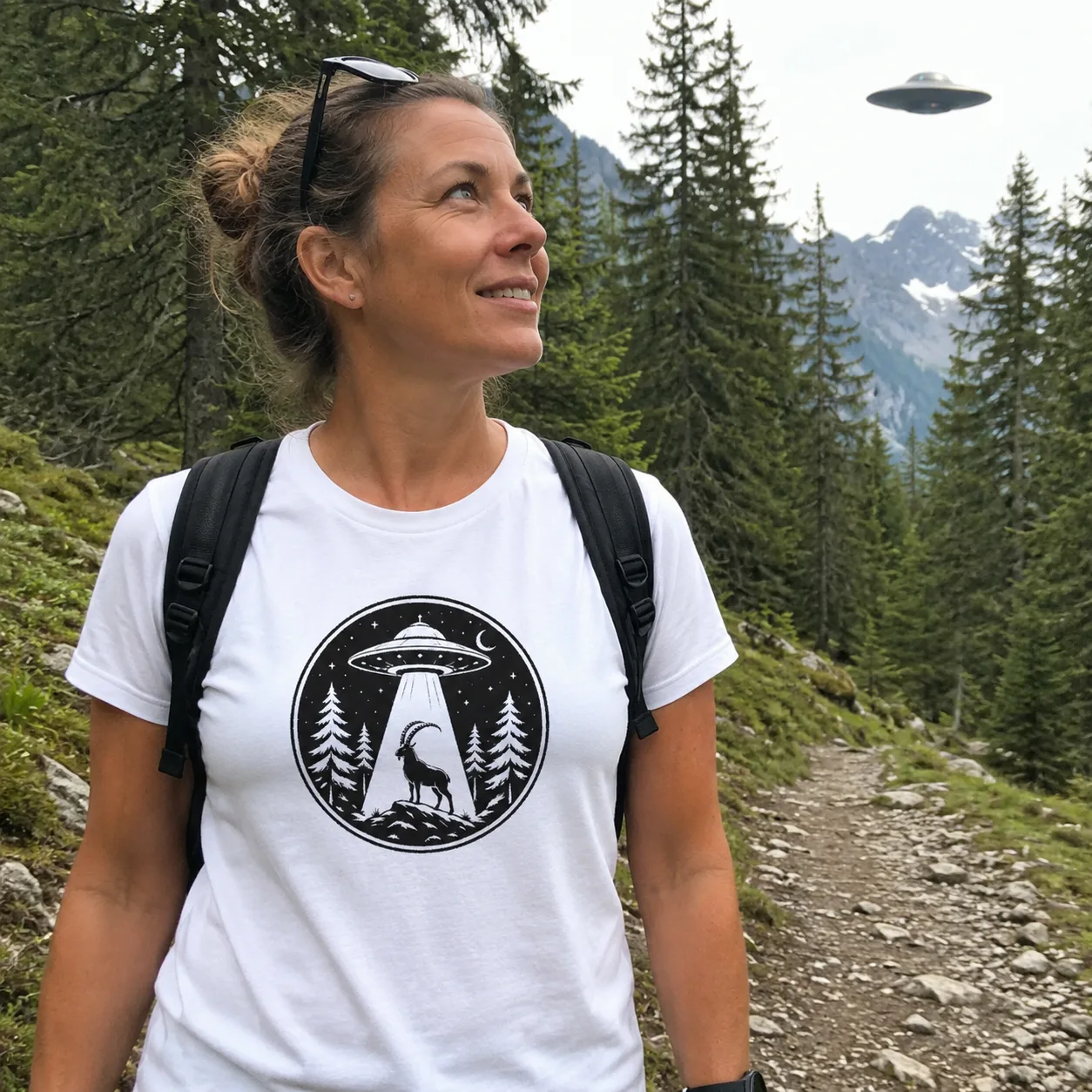 Alpine Ibex & UFO, Alpine Wildlife T-Shirt, worn