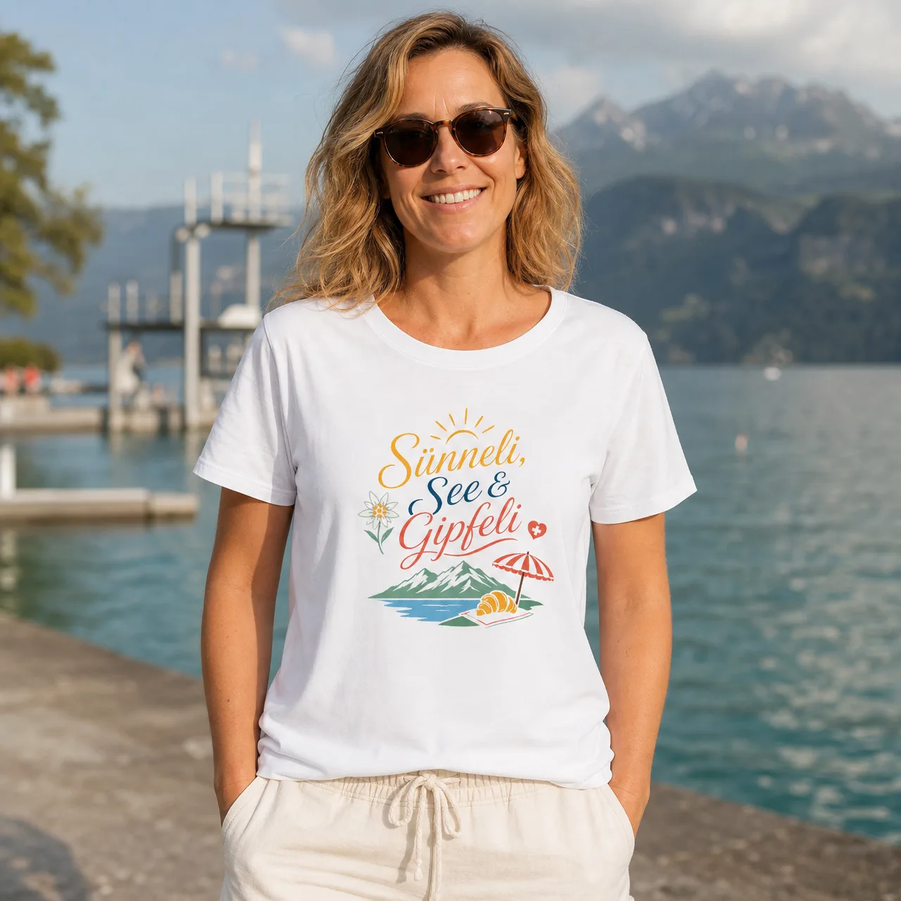 Sünneli, See & Gipfeli, t-shirt estate pastello, indossata