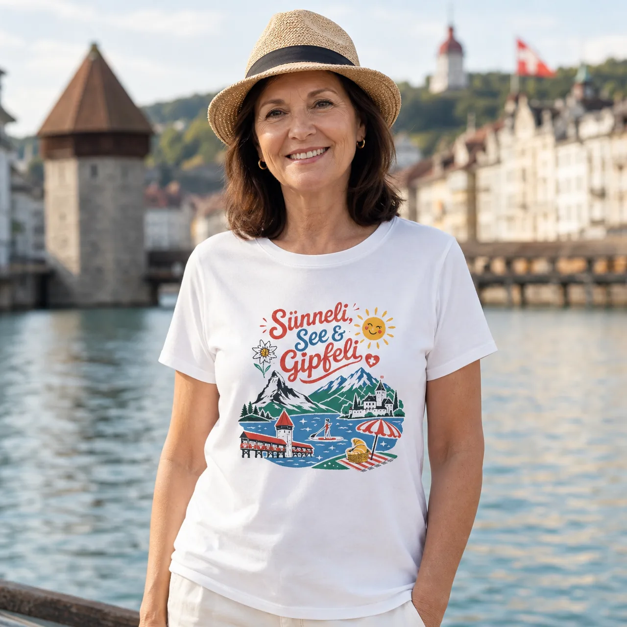 Sünneli, See & Gipfeli, t-shirt estate svizzera, indossata