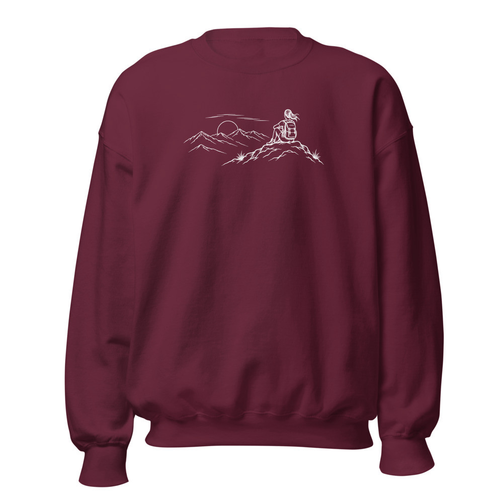 Wanderin mit Rucksack am Berggipfel, Sweatshirt, Wander-Sweatshirt
