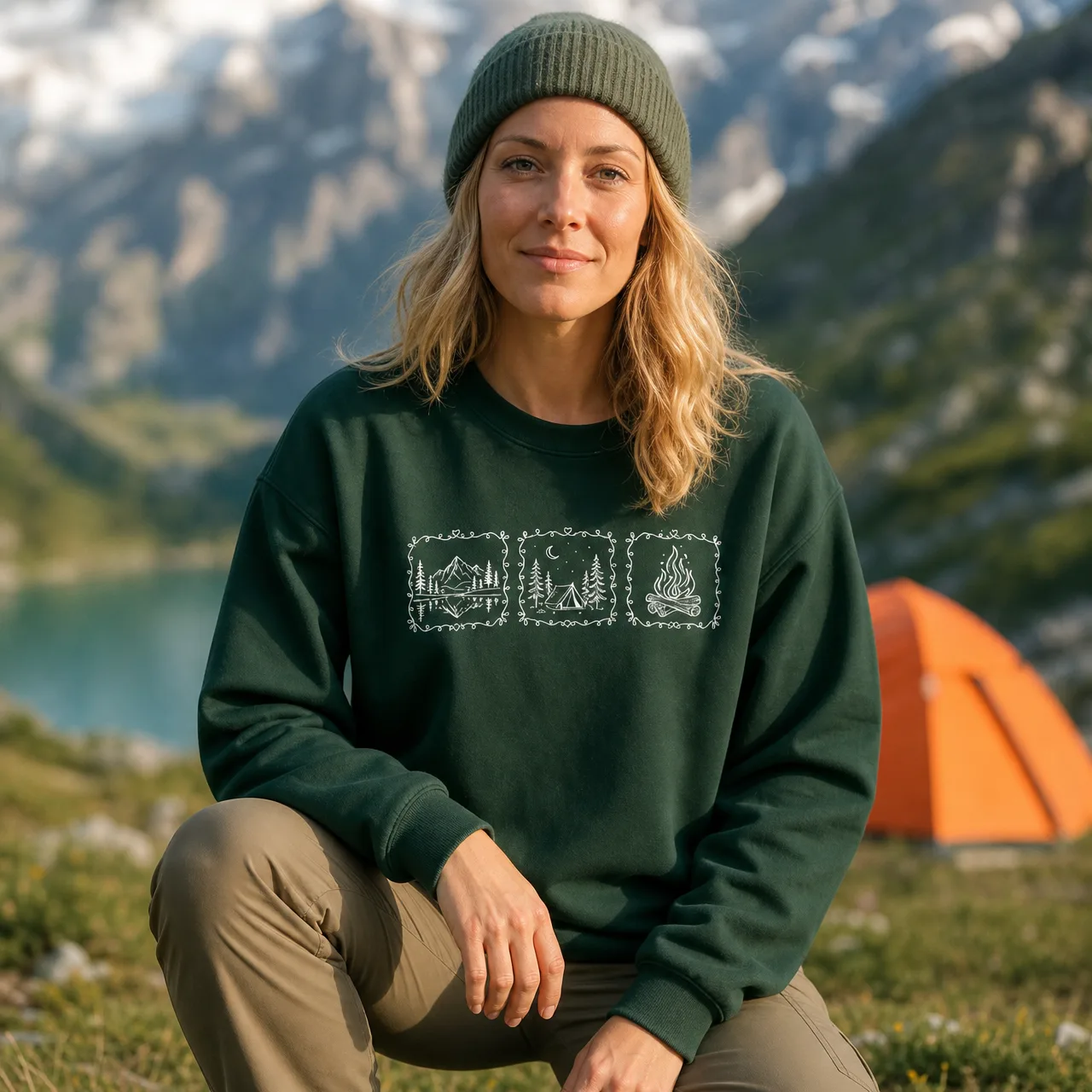 Camping e falò, felpa escursionismo natura, indossata