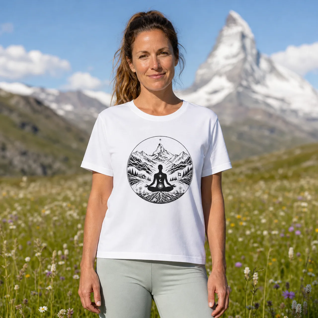 Yoga en montagne, t-shirt Alpes suisses, porté